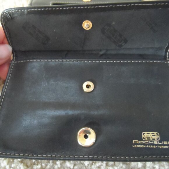 Rochelier Wallet Genuine Leather Straplet Black Card Holder Change Pocket Zipper - Picture 6 of 15